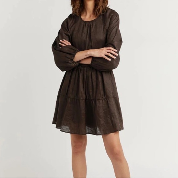 NWT DISSH Lenore Open Back Chocolate Brown Tie Neck Puff Sleeve Linen Dress US 6 - Picture 5 of 12